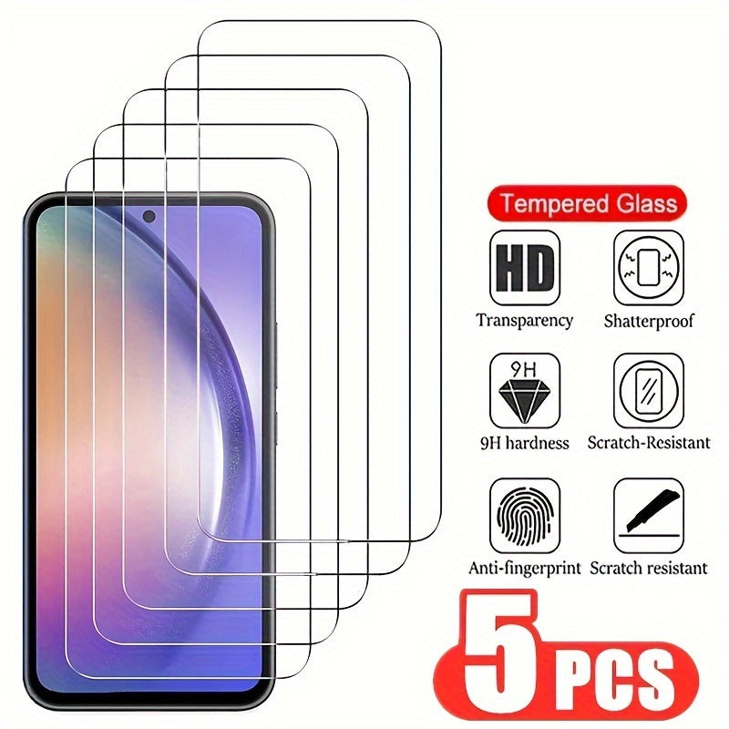 Pack of 5 high-quality tempered glass screen protectors for Samsung Galaxy S and A series, shock and scratch resistant, durable and clear protection.