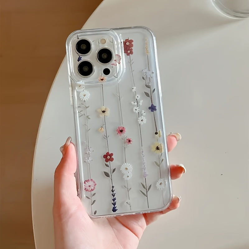 Set de 5 Accessoires iPhone : Coque transparente fleurs, protège-chargeur, 2 protections de câble, attache blanche, compatible iPhone 11 à 16 Pro Max.