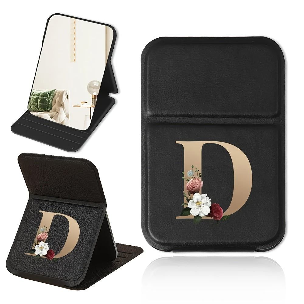 Portable folding makeup mirror, black and gold floral design, lightweight, waterproof and dustproof, perfect gift for teachers and loved ones.
