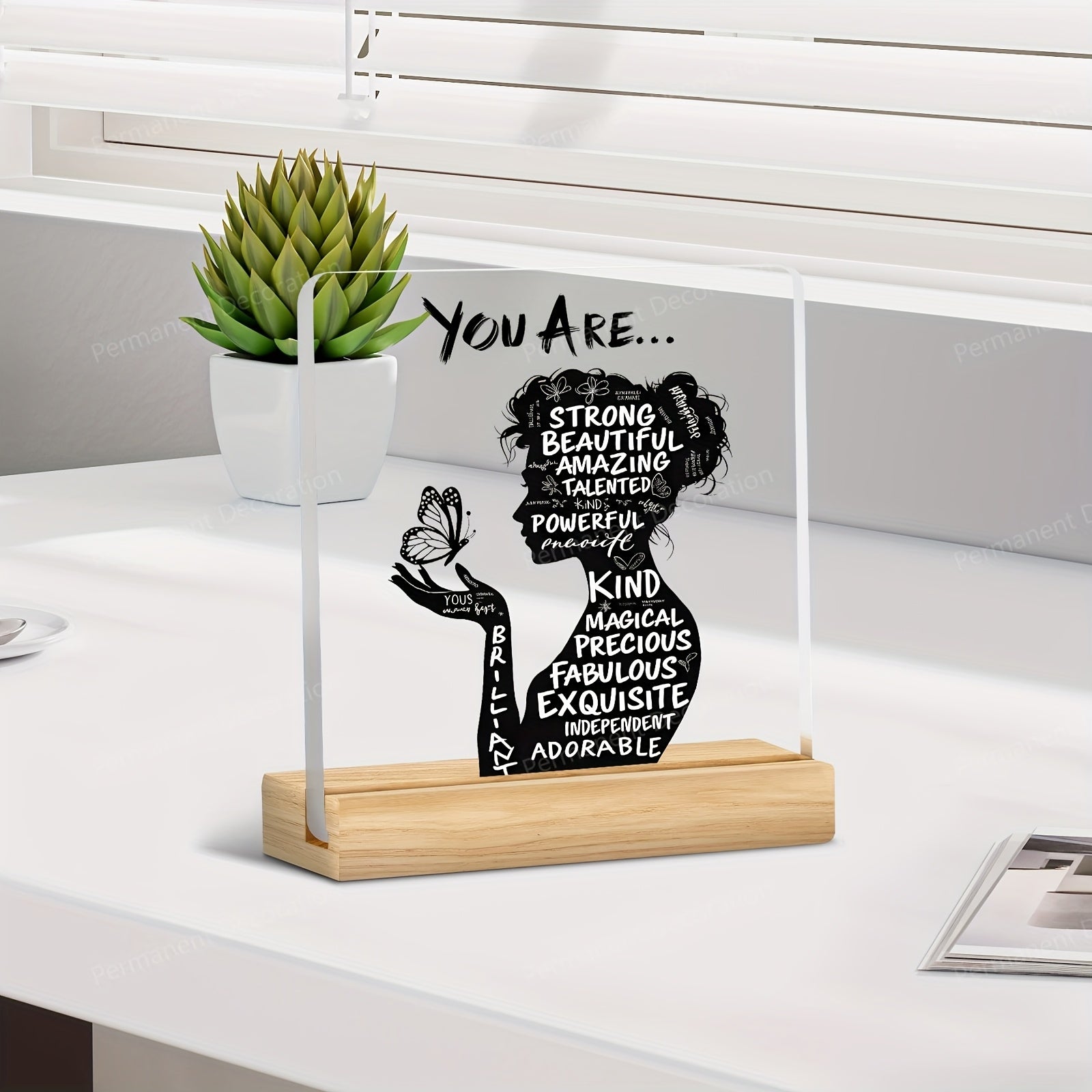 2D acrylic desk decoration with positive affirmations "You Are Powerful, Beautiful, Amazing", elegant design, ideal for home, office or cafe, perfect gift.