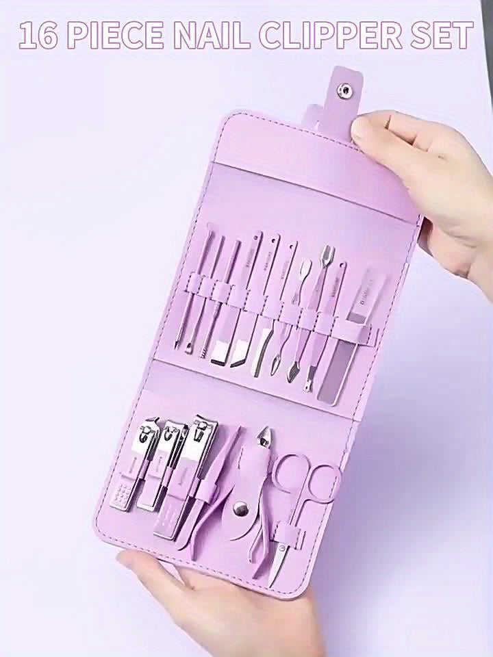 Set 16 pièces soins des ongles en acier inoxydable, lime, cure-oreille et ciseaux, style moderne, idéal voyage et usage professionnel.
