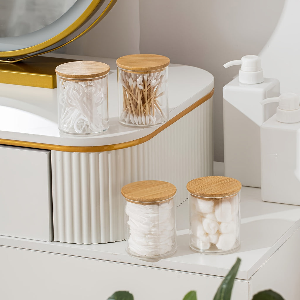 Lot de 4 pots transparents de 10 oz avec couvercles, idéal pour cotons, maquillage et accessoires de salle de bain.