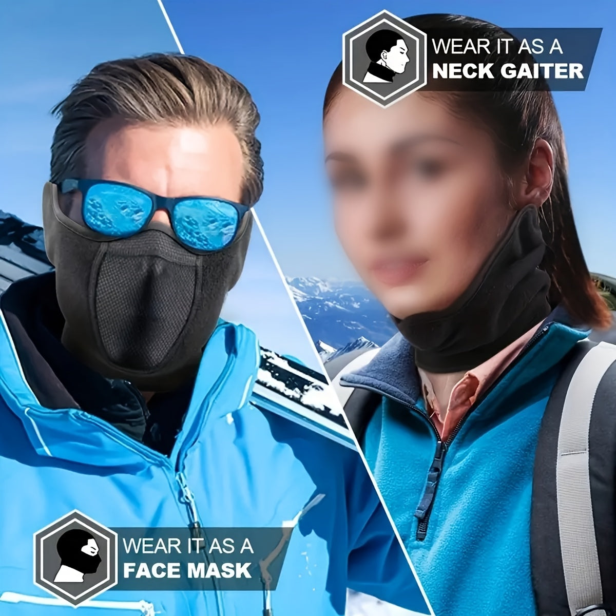 Winter mask for protection against wind and cold, ideal for motorcycling, cycling, skiing, hiking and mountaineering, offering comfort and warmth.
