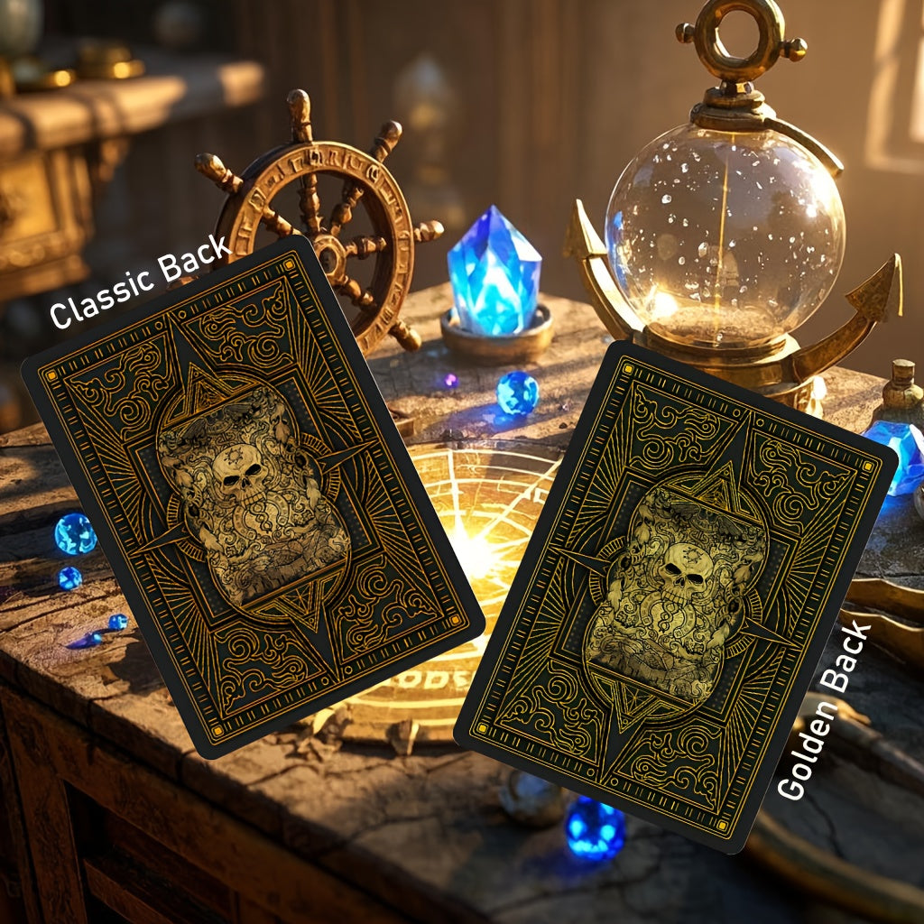Cartes de poker vintage thème pirate STRUBLFE, double face antidérapantes, embossage quatre couches, design crâne et géométrique, accents dorés, idéal soirées familiales et jeux.