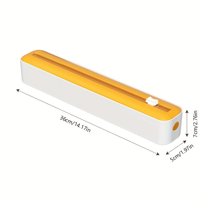 Reusable double-action dispenser and cutter for plastic film, aluminum, baking paper and wax, modern white/black design with orange accents.