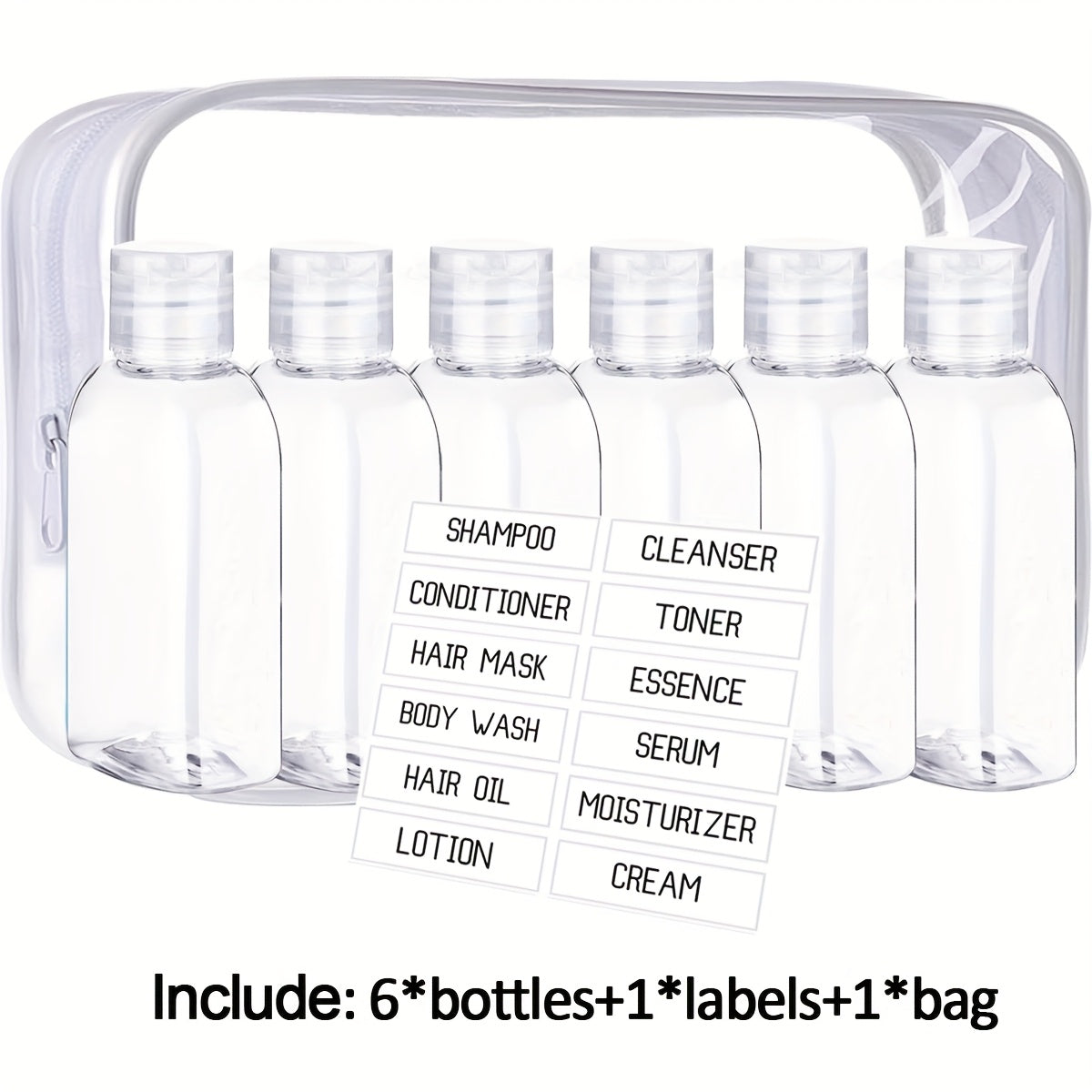 Lot de 6 flacons de voyage 100 ml, étanches, conformes TSA, rechargeables, faciles à presser et nettoyer pour lotions et soins.