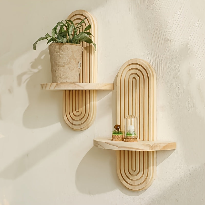 Étagère murale bois style bohème, support bougie arc-en-ciel, rangement décoratif pour chambre, cuisine, salon ou plantes.