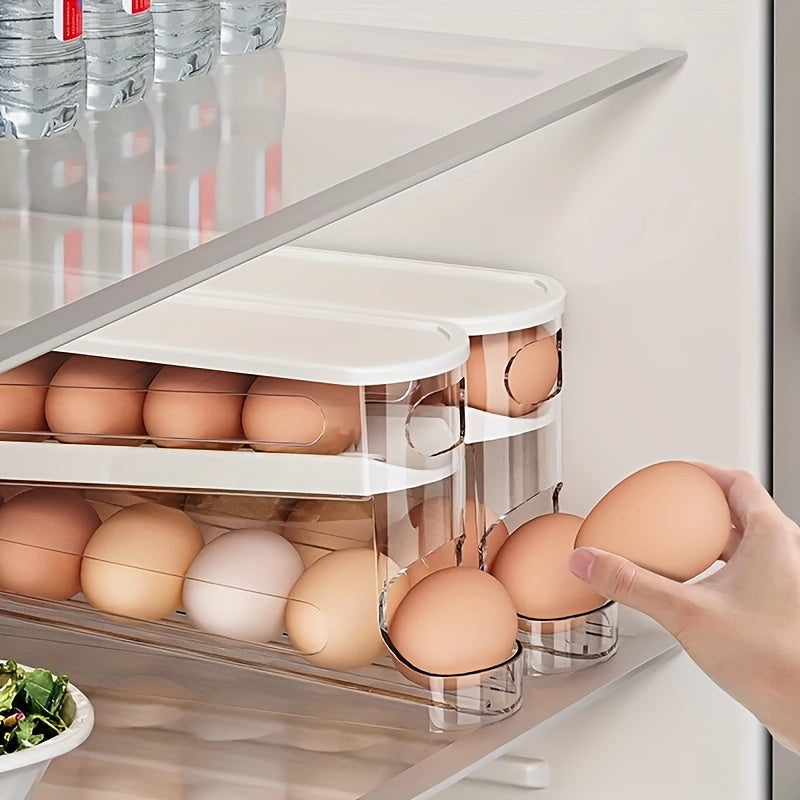 Double-layer transparent egg box, 4 levels, sturdy PP plastic, space-saving, refrigerator and countertop compatible, safe food storage.