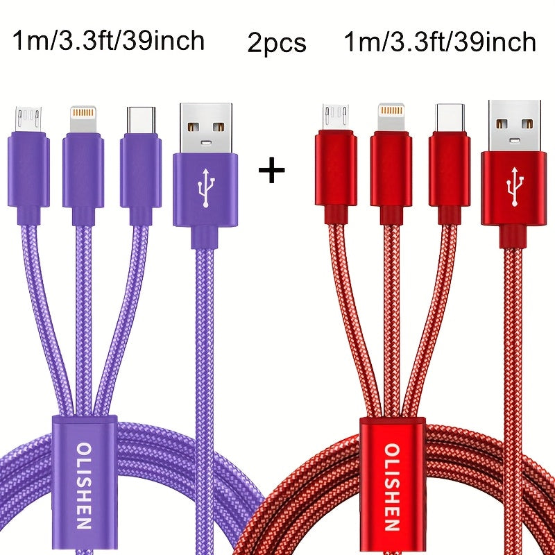 Lot de 2 Câbles 3-en-1 à Charge Rapide : Nylon tressé durable, compatible iPhone, Samsung, Xiaomi et autres, sortie 10 W, USB.