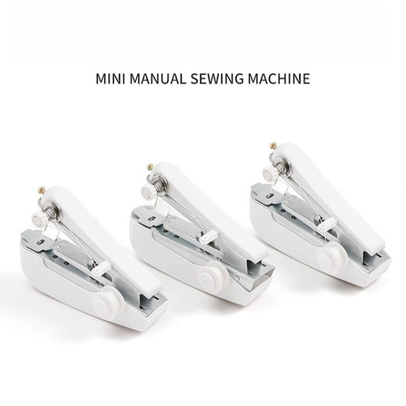 Mini portable sewing machine, manual and easy to use, ideal for home sewing, compact and practical, white color.