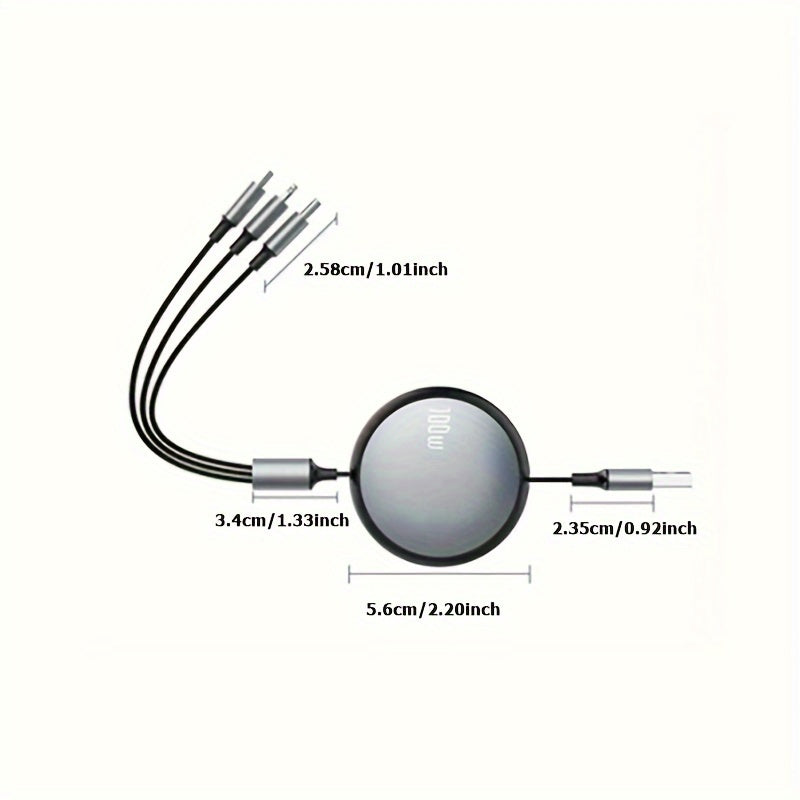 Câble de Charge Rétractable 3-en-1 : 6 A, 100 W, USB vers Type-C/Micro USB, charge rapide et synchronisation données 480 Mbps, compatible iPhone, Huawei, Samsung.