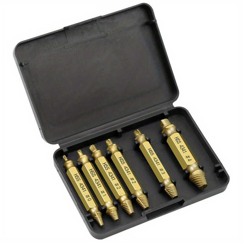 Set of 6 high carbon steel screw extractors, gold-plated, for damaged screws and nails, with durable case.