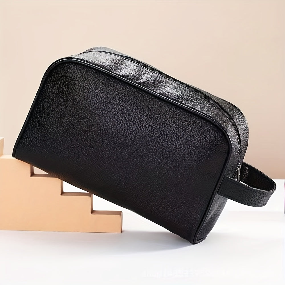 Trousse de toilette compacte unisexe pour voyage – polyester doux, légère, fermeture dorée, poignée pratique, portable, noire/brun/marine.