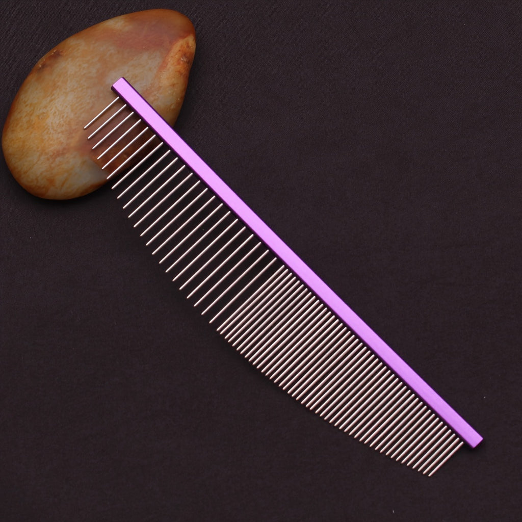 Stainless steel pet grooming comb. Aluminium handle, detangles knots and removes dead hair.
