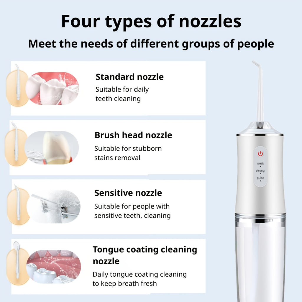 Hydropulseur dentaire sans fil, 4 buses rotatives à 360°, rechargeable USB, batterie lithium, parfait pour soins quotidiens dents et gencives.