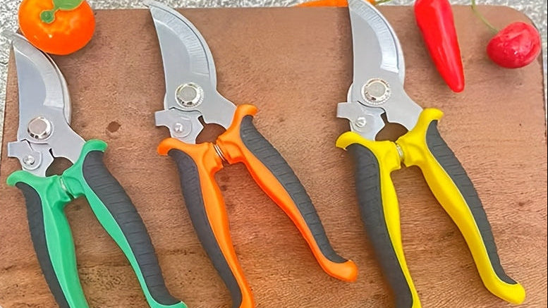 Sécateur de jardin pratique avec poignée verte et noire ergonomique, mécanisme à ressort facilitant ouverture et fermeture pour un usage confortable.