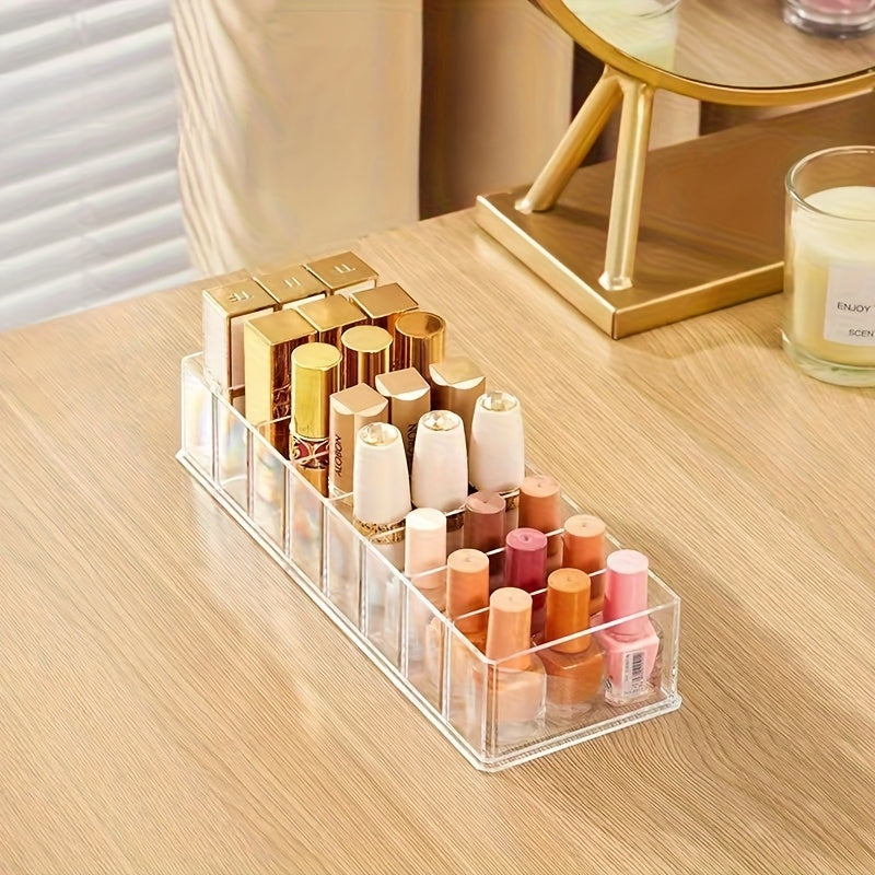 Set of 2 multifunctional transparent trays for cosmetics, ideal for organizing lipsticks, nail polish and eyeshadows on the counter without electricity.