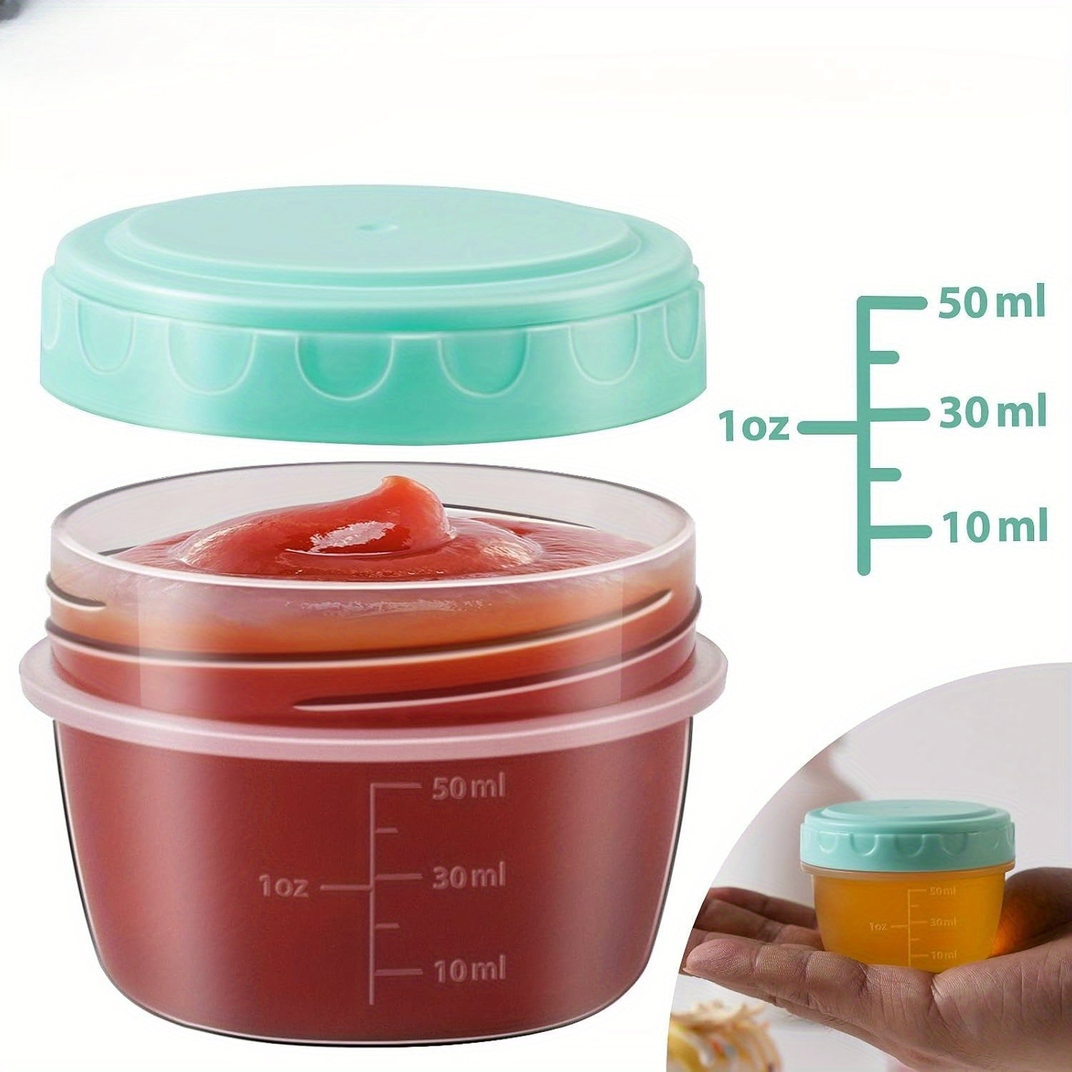 Set of 12 2 oz sauce containers with lids, leakproof, stackable, BPA free, microwave, dishwasher and freezer safe.
