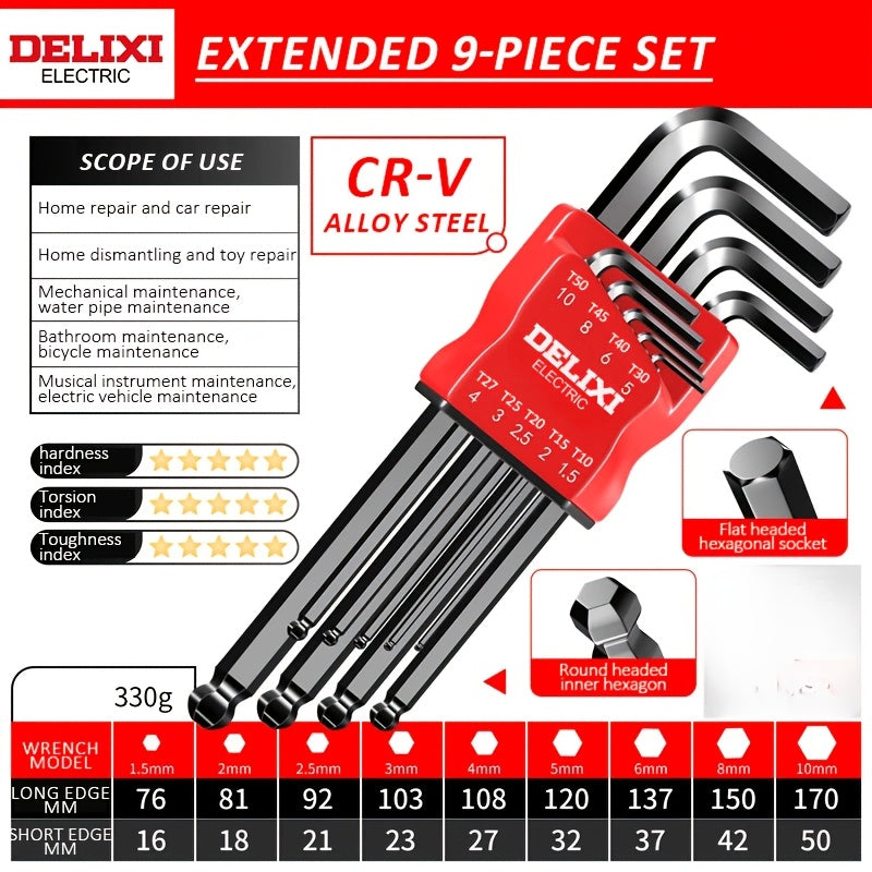 Extra long hex key set with ball ends and Torx, comfortable handle, durable metal, ideal for bike repair and DIY projects.