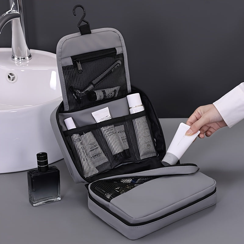 Grande trousse de toilette de voyage, résistante, multi-compartiments avec poches filet, idéale pour maquillage, salle de bain et déplacements.