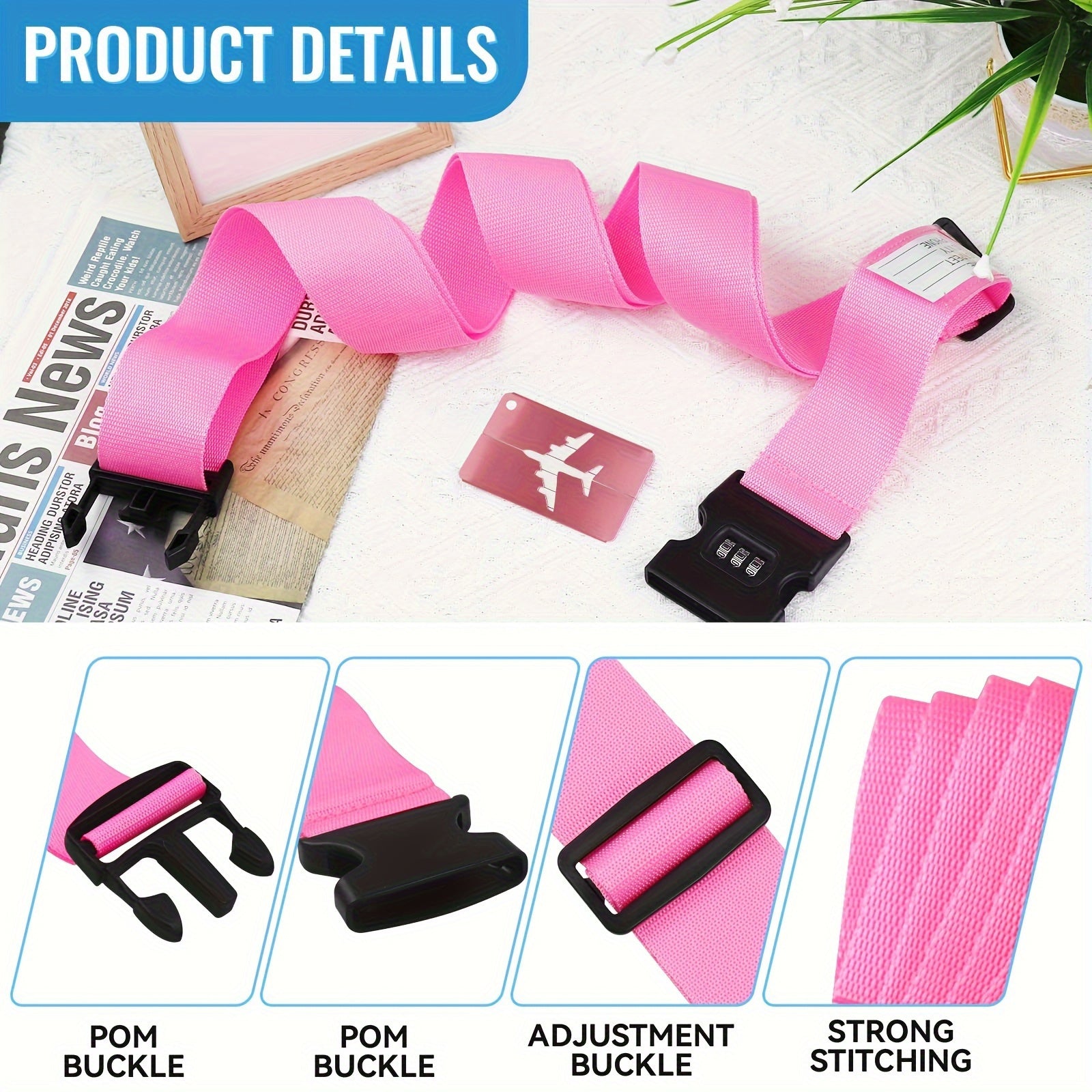 Lot de 4 sangles bagages en polypropylène, avec boucle combinée et fenêtre ID, durables et anti-vol, adaptées voyages et style minimaliste.