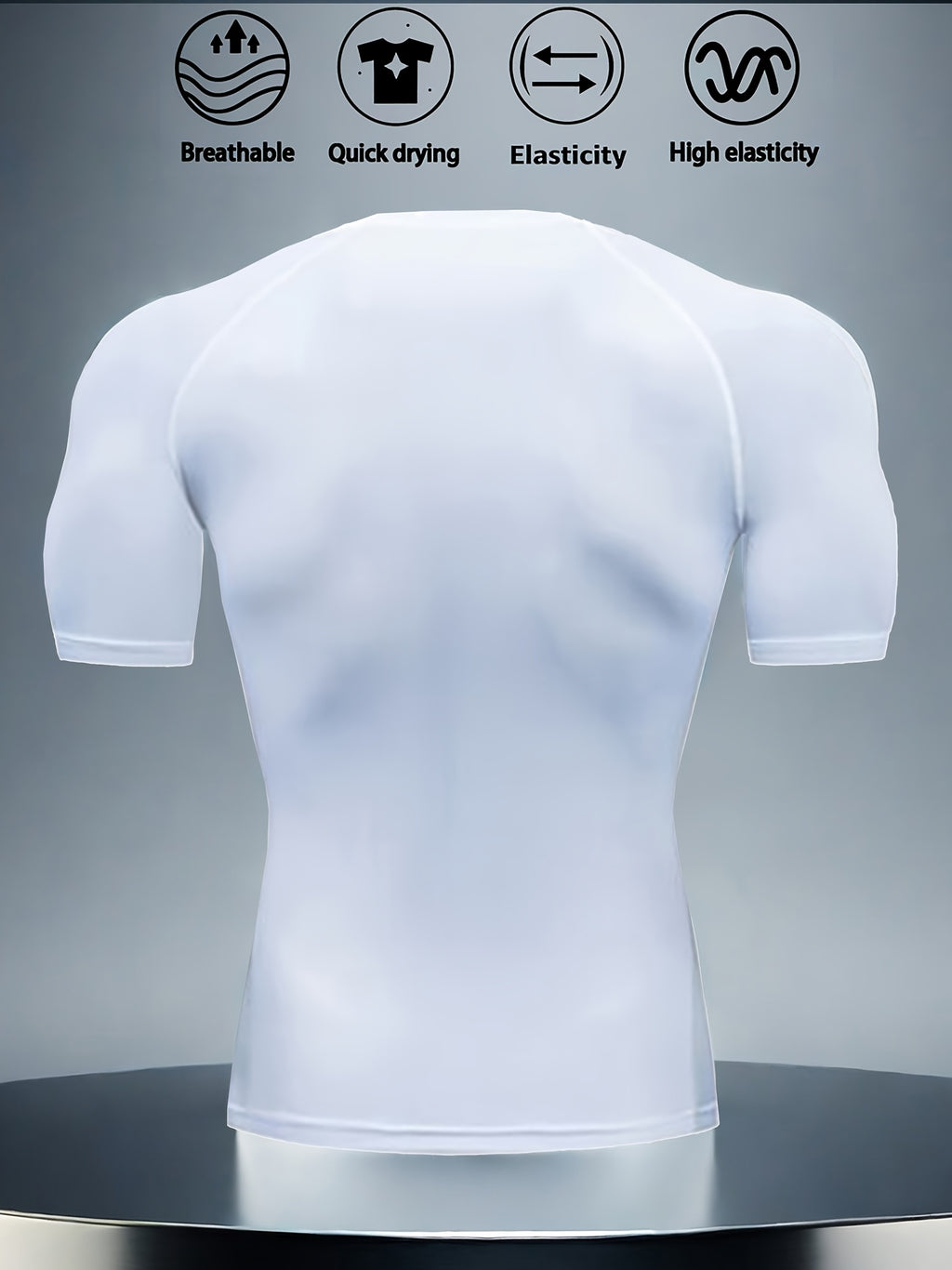 T-shirt compression homme, séchage rapide, tissu respirant et extensible, motif musculaire, maintien slim, idéal gym, cyclisme, boxe et entraînement.