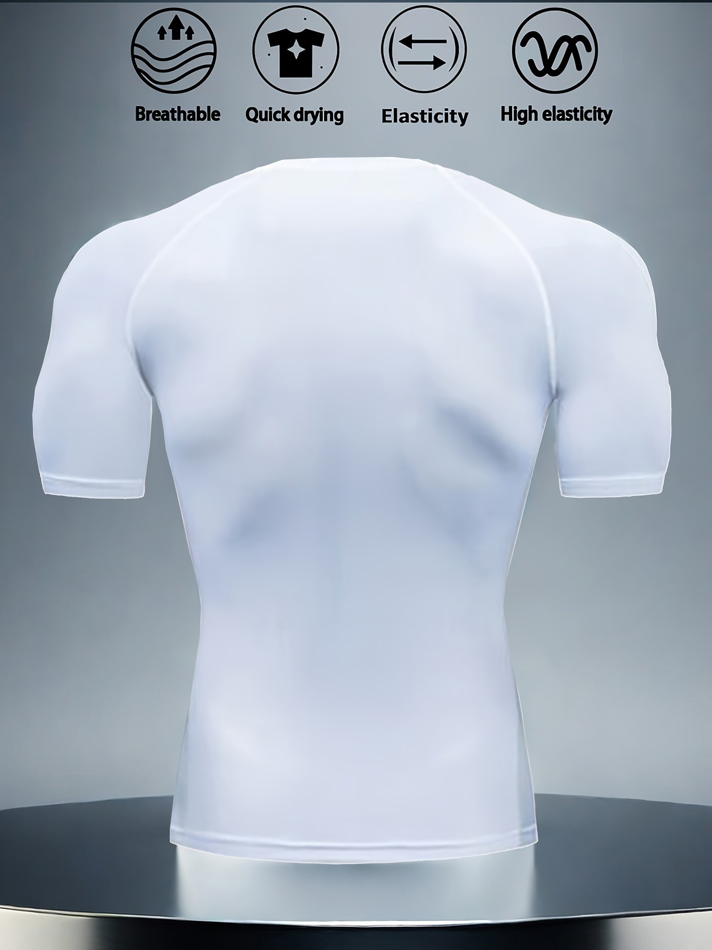 T-shirt compression homme, séchage rapide, tissu respirant et extensible, motif musculaire, maintien slim, idéal gym, cyclisme, boxe et entraînement.