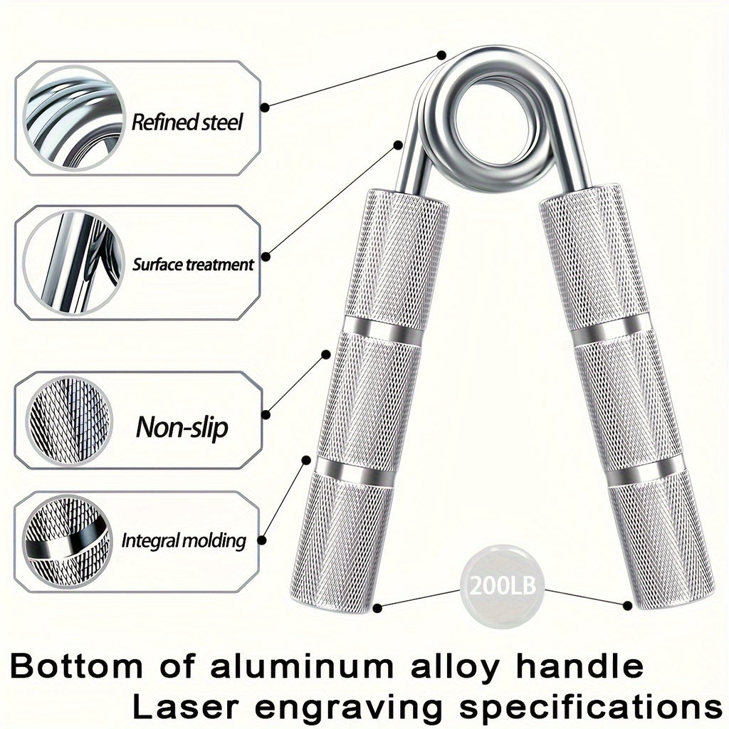 Metal hand gripper 22.68 to 158.76 kg, trains wrists and forearms, strengthening grip and hand muscles.