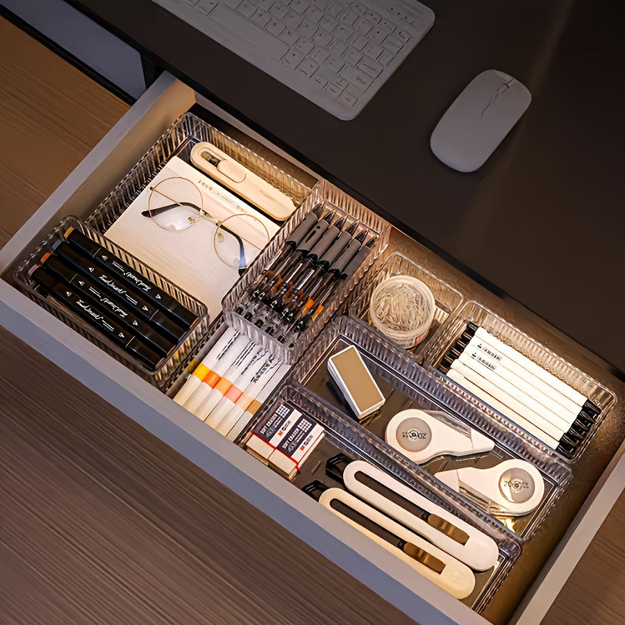 Lot de 4 et 7 boîtes de rangement en plastique transparent, 4 tailles, organisent cosmétiques, ustensiles, bureau ou accessoires de chambre et salle de bain.