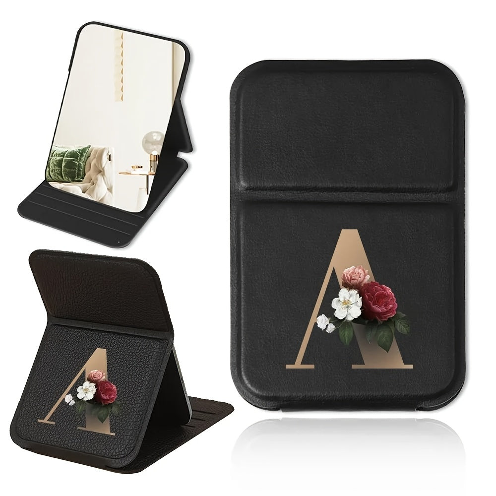 Miroir de maquillage pliable portable, design floral noir et doré, léger, étanche et anti-poussière, parfait cadeau pour enseignants et proches.