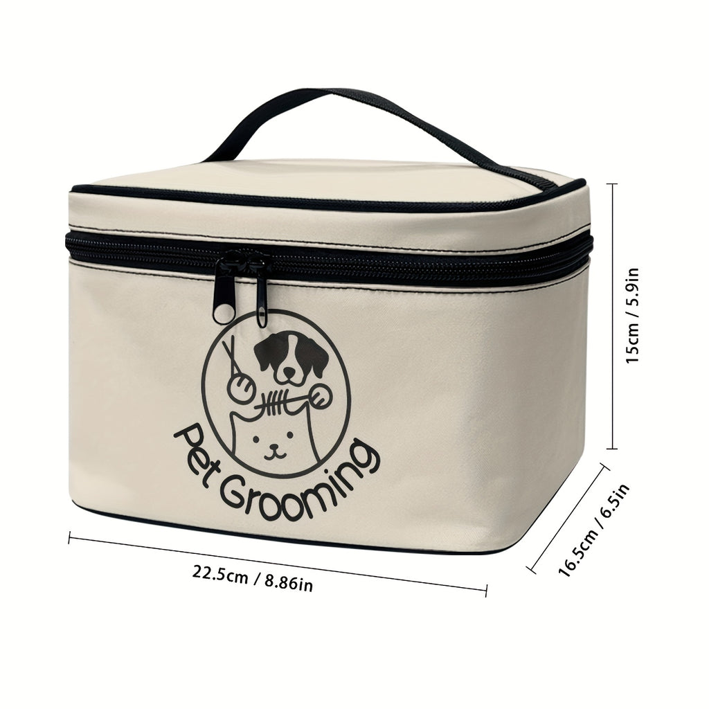 Trousse de toilettage pour chiens et chats, poignée et double fermeture éclair, multi-compartiments, organise soins à domicile ou en voyage, design ludique, cadeau idéal.