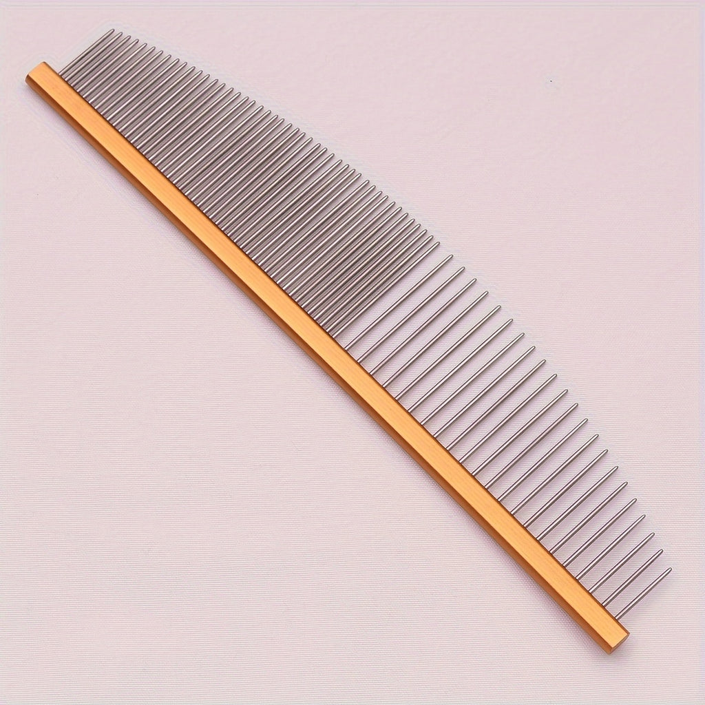 Stainless steel pet grooming comb. Aluminium handle, detangles knots and removes dead hair.