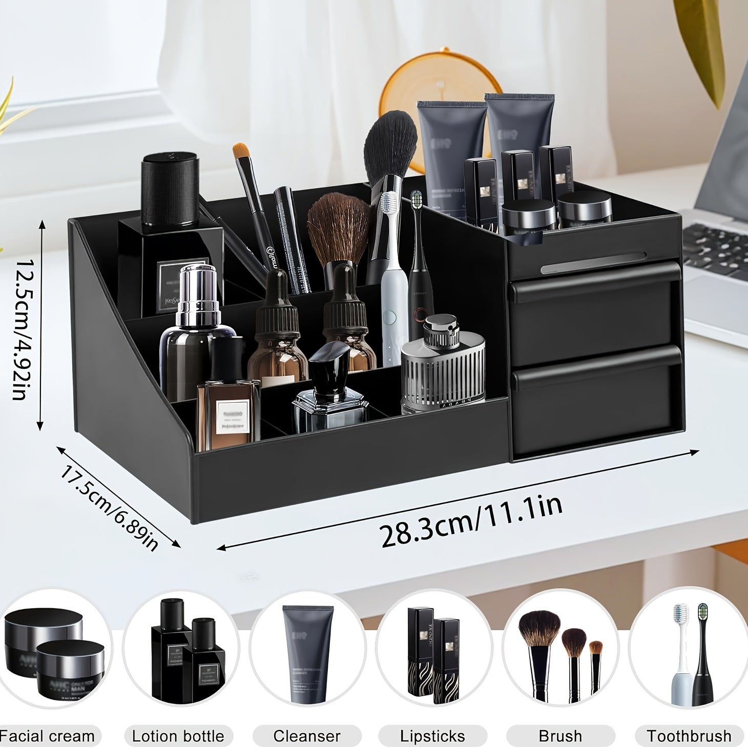 Men's fragrance organizer with drawers, storage for grooming and toiletries, multi-compartment, modern design, durable plastic, ideal for bathroom or dressing table.