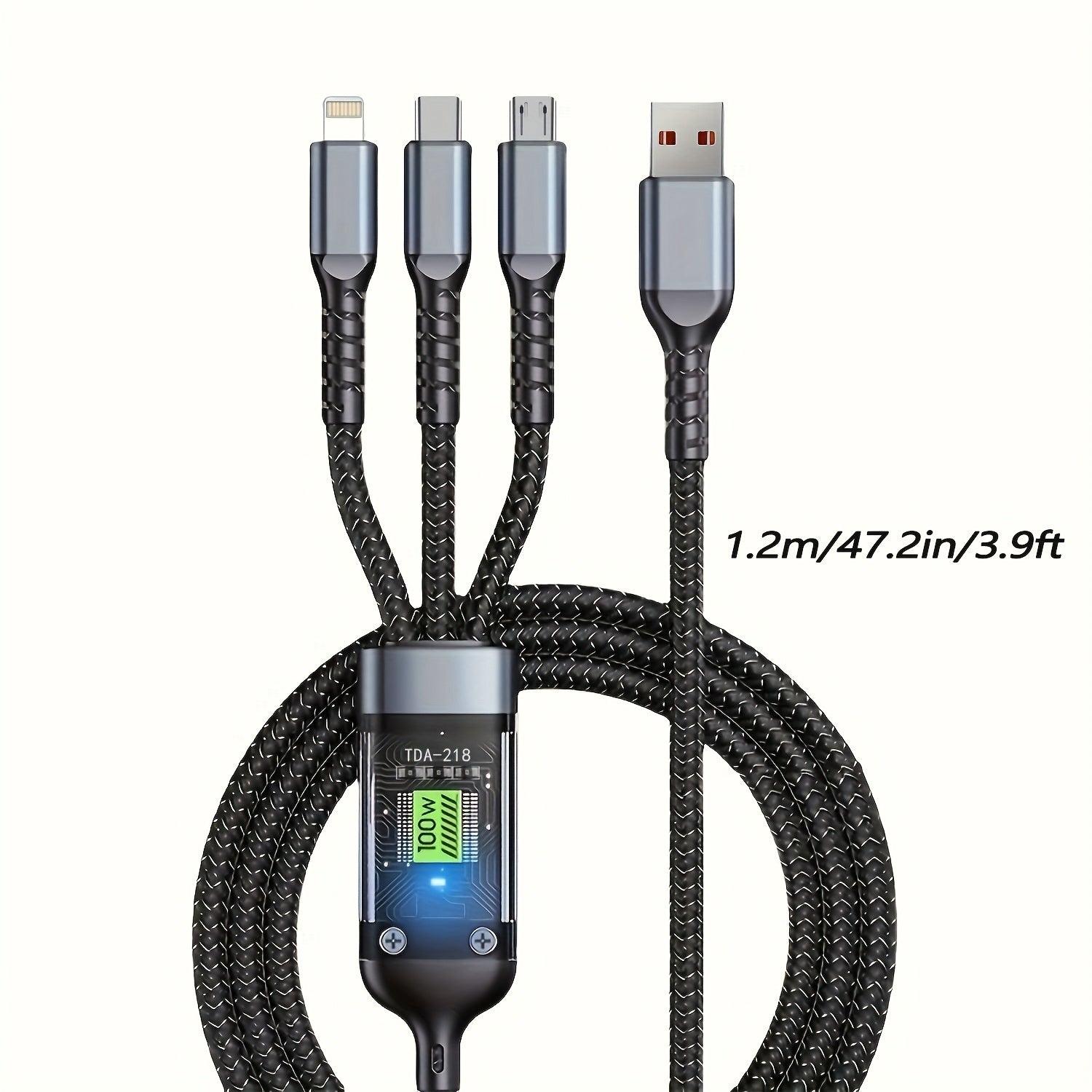 3-in-1 multi-USB charging cable, braided nylon, Type-C and Micro USB ports, fast charging, compatible with phones and tablets, convenient and durable.