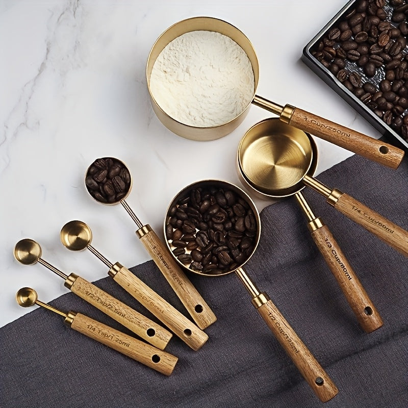 Set de Tasses et Cuillères à Mesurer en Acier Inoxydable : 4 ou 8 pcs, poignée bois d’acacia, idéal pâtisserie, assaisonnements et DIY cuisine.
