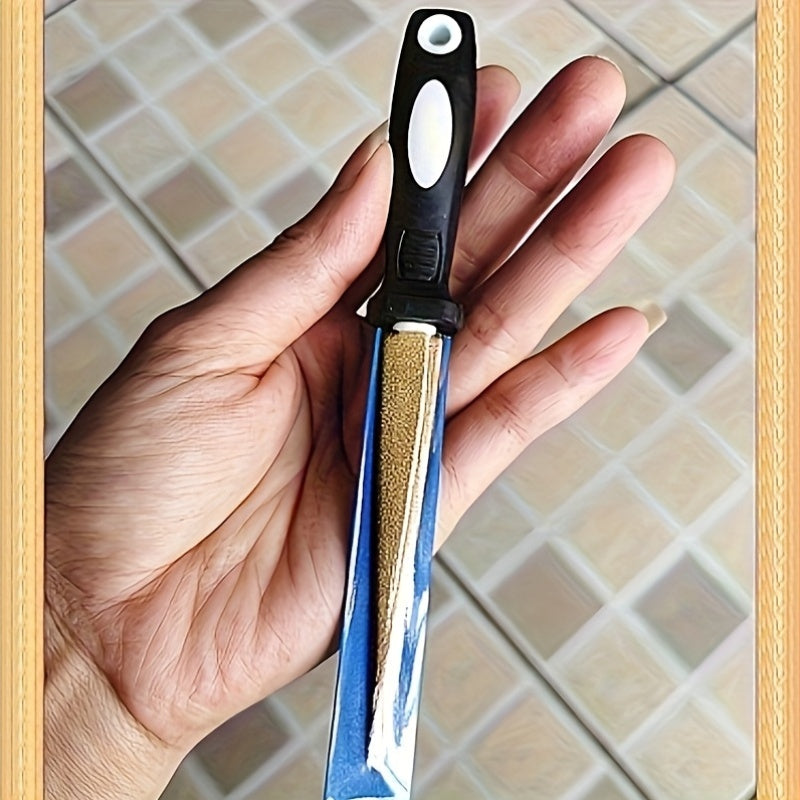 Pierre à aiguiser 2-en-1 diamant pour couteaux, ciseaux et outils de jardin, double face plate et courbe, poignée antidérapante, gris argenté.