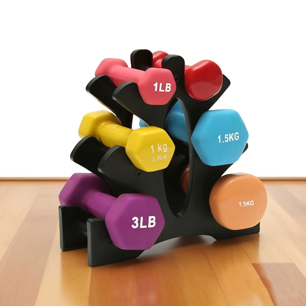 Râtelier triple pour haltères en ABS robuste, compact et stable, capacité 6 haltères par côté, parfait pour gym à domicile ou professionnel.