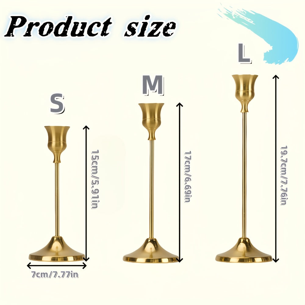 طقم من 3 حوامل شموع أنيقة من النحاس المطلي بالذهب. تصميم معدني مصقول، مثالي لحفلات الزفاف أو العشاء أو لتزيين المنزل، الشموع غير متضمنة، تصميم عصري ومتين.