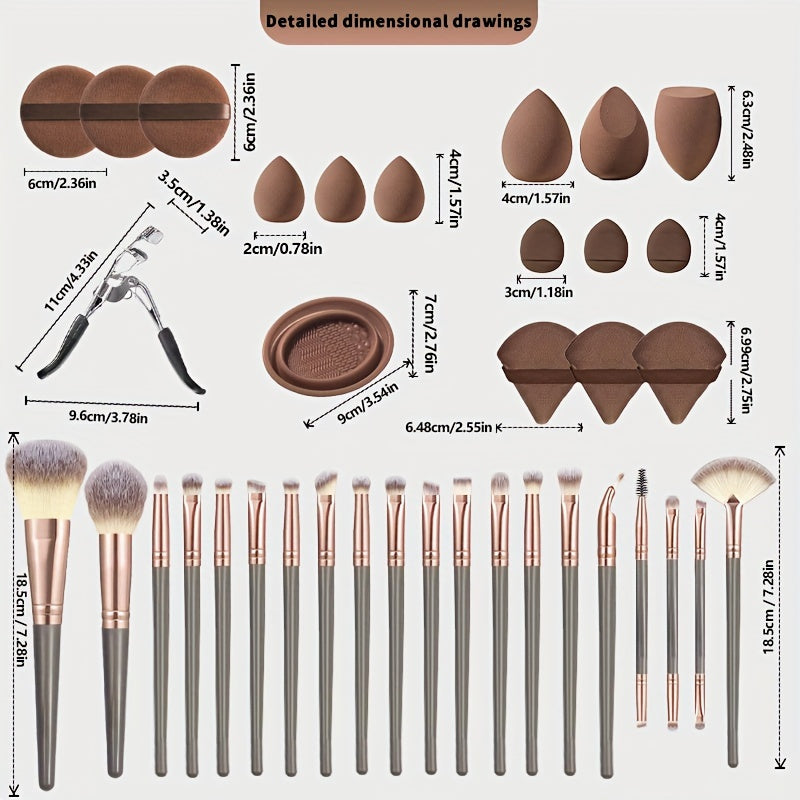 Set cadeau maquillage 37 pcs, pinceaux, éponges, accessoires nettoyage, polyvalent pour poudres, fond de teint et soins beauté précis.