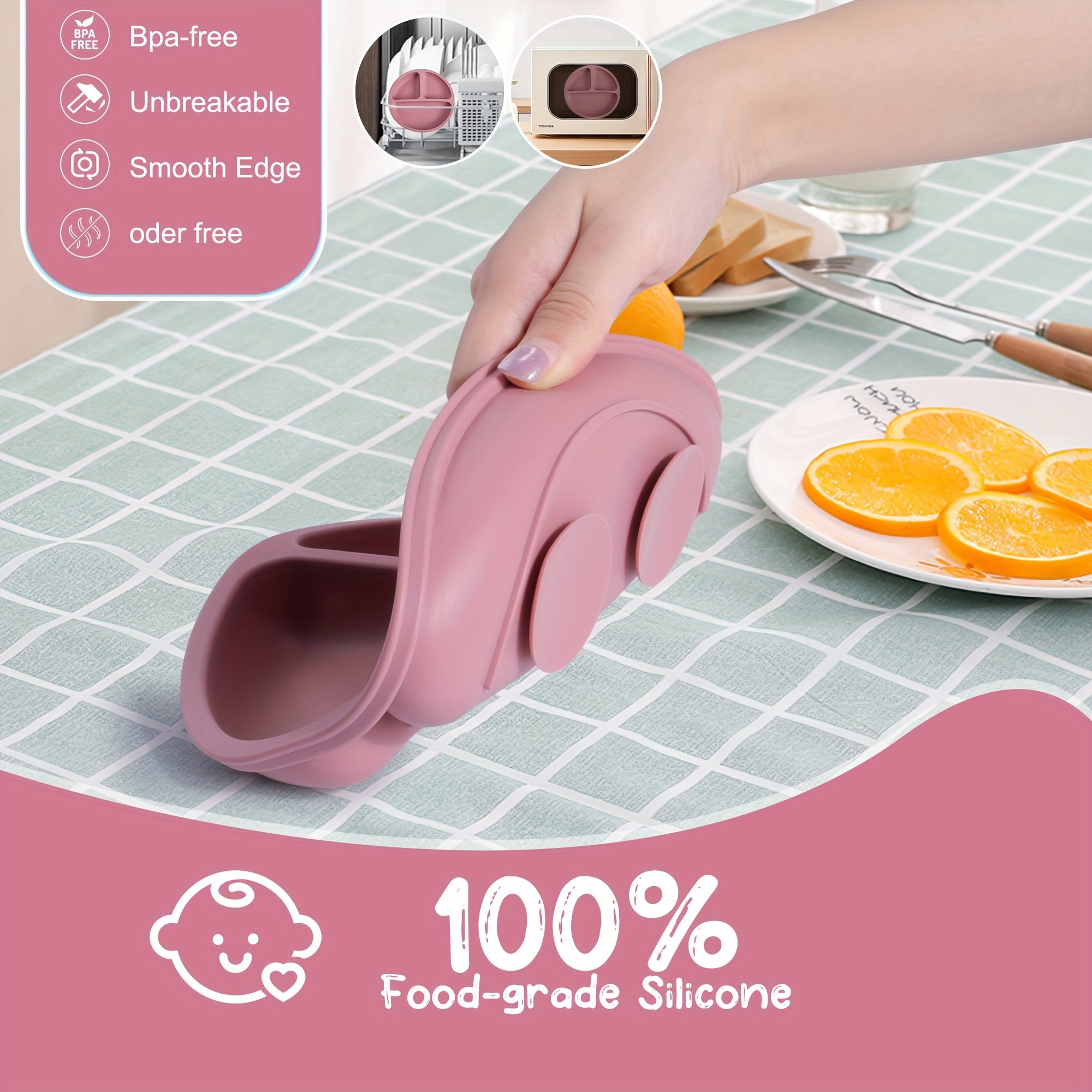 Set repas bébé TYRY.HU 3 pcs en silicone, assiette à ventouses compartimentée et ustensiles, parfait pour diversification et repas en extérieur.