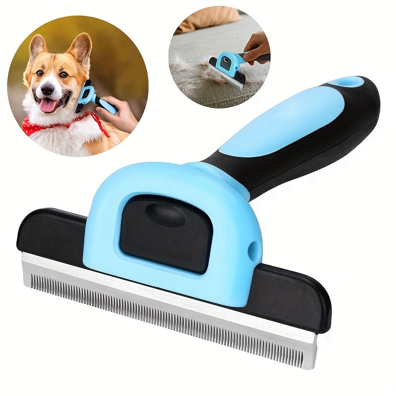 Professional pet deshedding brush. Reduces hair by 95%, ergonomic, electricity-free, blue and black design, for all breeds.