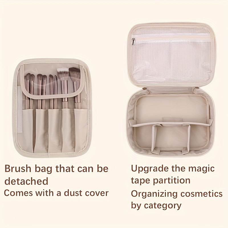 Trousse maquillage multi-couches détachable, grande capacité, rangement pinceaux, portable et légère, idéale pour cosmétiques essentiels en voyage, hommes et femmes.