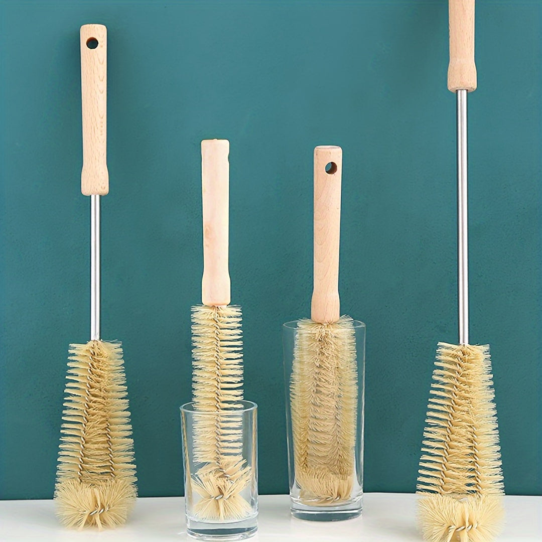 Set de 4 Brosses de Nettoyage Multi-Tailles : Poignées bois, réutilisables et ergonomiques, idéales cuisine, bouteilles et ménage, avec brosse longue à trou de suspension.