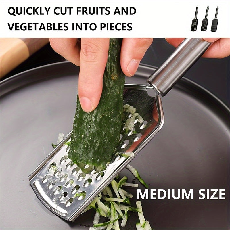 Set of 3 stainless steel kitchen utensils: peeler, grater and can opener, versatile for fruits, vegetables and potatoes.
