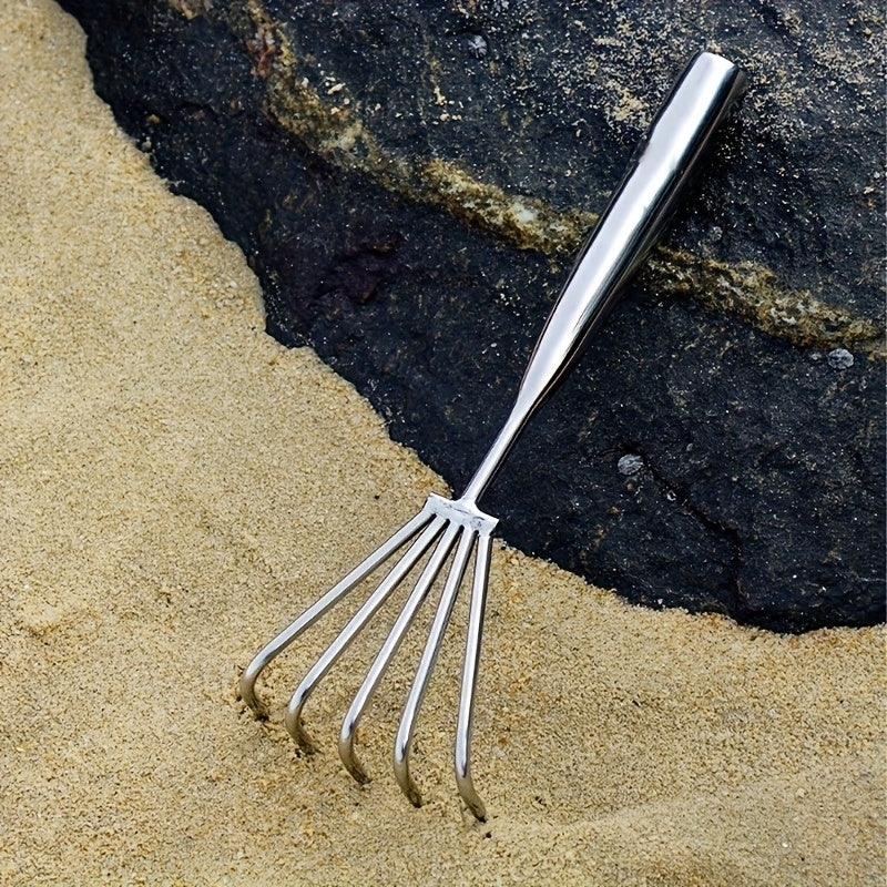 Râteau de jardin en acier inoxydable à 5 dents, manuel, résistant à la rouille, pour feuilles, niveler sol et désherber, usage domestique ou professionnel.
