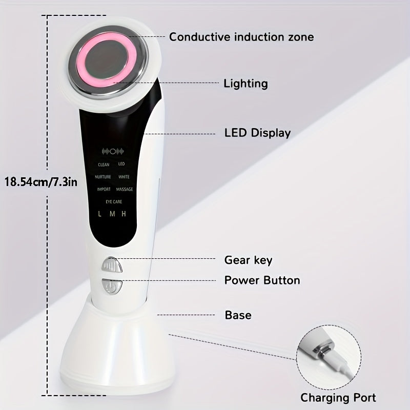 Appareil beauté visage et cou 7-en-1, vibration, rechargeable USB, 4 modes, 3 intensités, design élégant, compact, parfait pour usage familial.