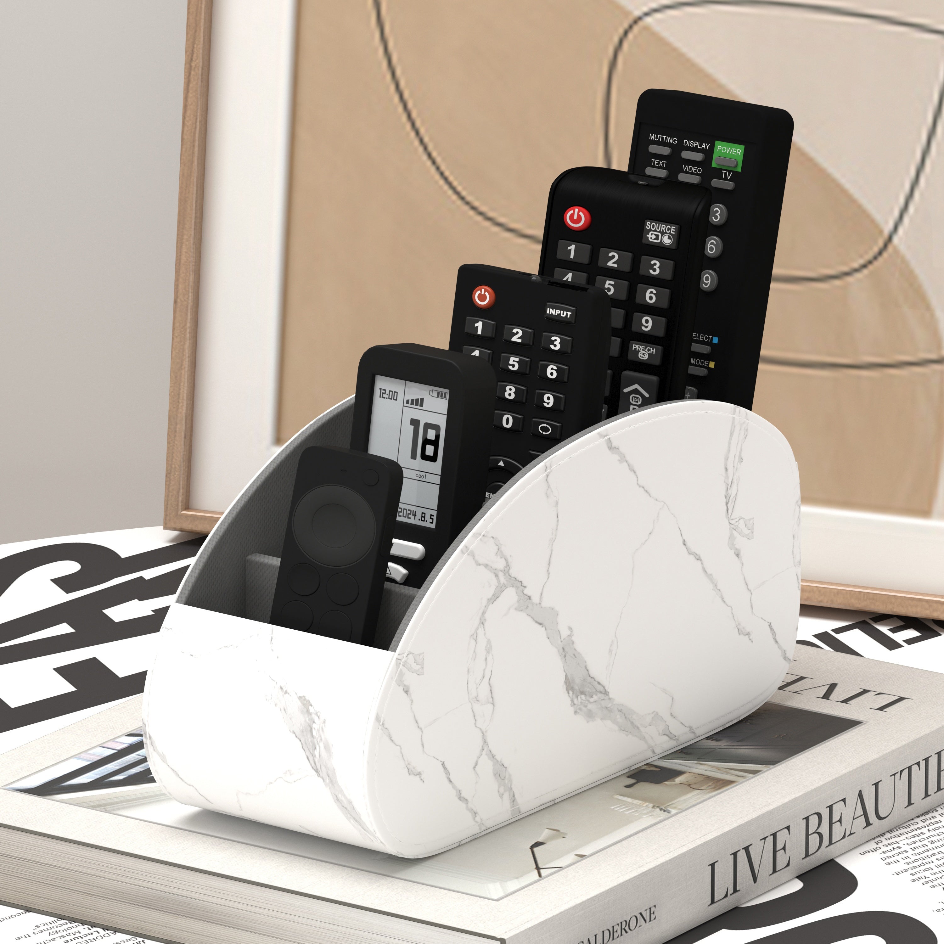 Remote control organizer with 5 compartments, compatible with TV and set-top boxes, space-saving tray for living room, office or bedroom, practical storage for accessories.