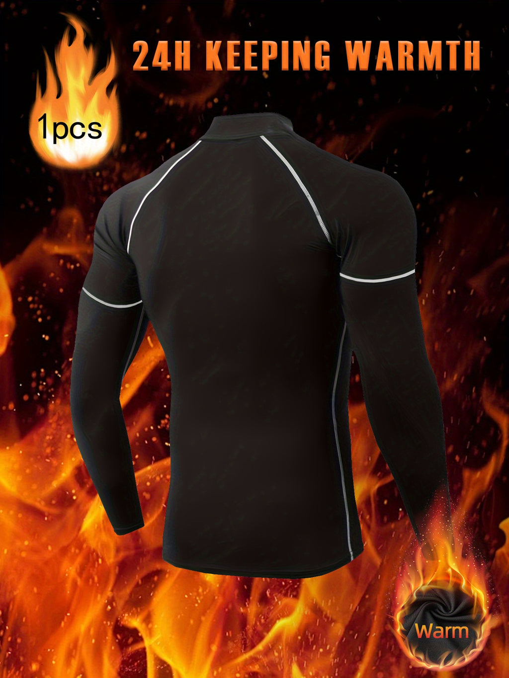 Men's long-sleeved thermal T-shirt, slim fit, stretch fabric, high collar, ideal for sports, running and outdoor activities in cold conditions.