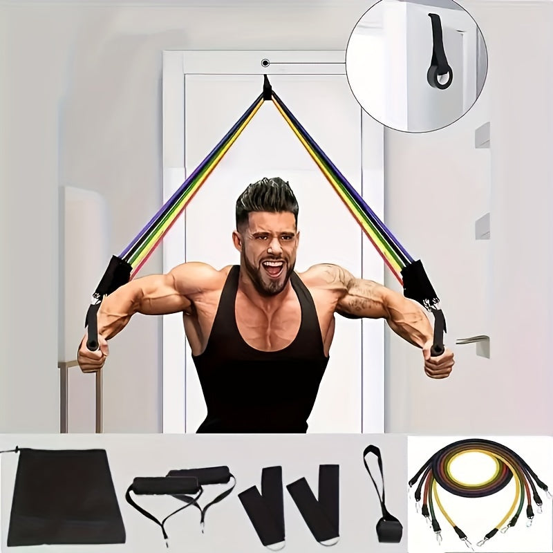 Set of 11 heavy resistance bands, 6 color coded, stackable and adjustable, for upper body training.