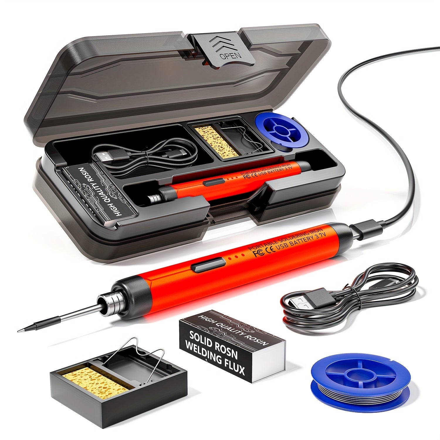 Wireless USB soldering iron with 3 heat settings, stand, flux and carrying case, compact and lightweight, ideal for DIY and home workshop.